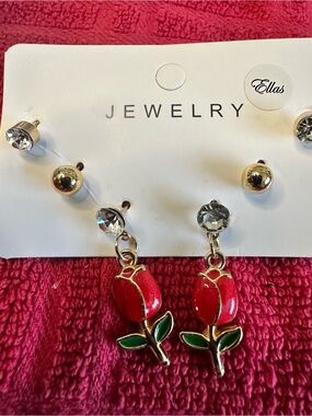 Ella Red Rose Dangle Earrings with Gold Accents